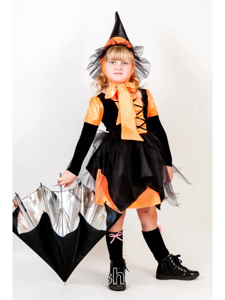 Карнавальний костюм Відьмочка (помаранчева) для дівчинки на Хелловін, розмір 98-140 Карнавальний костюм Відьмочка (помаранчева) для дівчинки на Хелловін, розмір 98-140